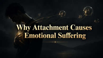 Dark emotional concept image showing a person in pain with symbolic attachment threads, titled Why Attachment Causes Emotional Suffering