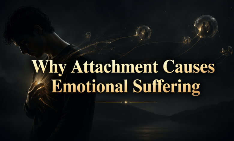 Dark emotional concept image showing a person in pain with symbolic attachment threads, titled Why Attachment Causes Emotional Suffering