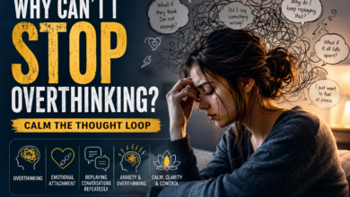 Woman experiencing anxiety and overthinking while replaying conversations and trying to calm a repetitive thought loop
