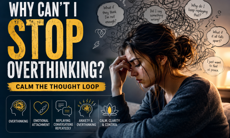 Woman experiencing anxiety and overthinking while replaying conversations and trying to calm a repetitive thought loop