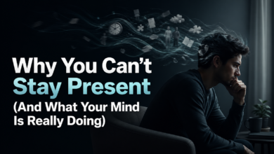 A person sitting in deep thought with mental distraction symbols showing why you can’t stay present, overthinking, and awareness struggles.