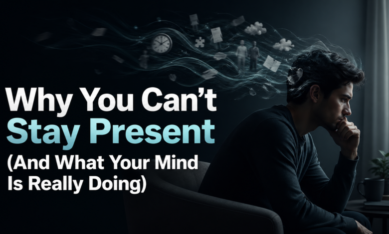 A person sitting in deep thought with mental distraction symbols showing why you can’t stay present, overthinking, and awareness struggles.