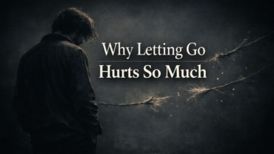 Dark emotional healing featured image showing a person standing in pain with broken threads, symbolizing emotional attachment pain and the difficulty of letting go.