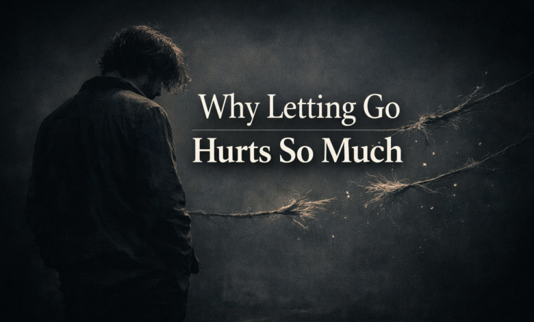 Dark emotional healing featured image showing a person standing in pain with broken threads, symbolizing emotional attachment pain and the difficulty of letting go.