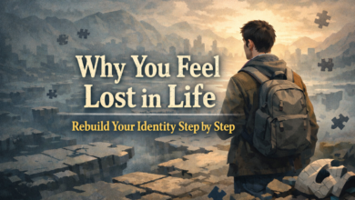 Feeling lost in life illustration showing a person searching direction while rebuilding identity step by step