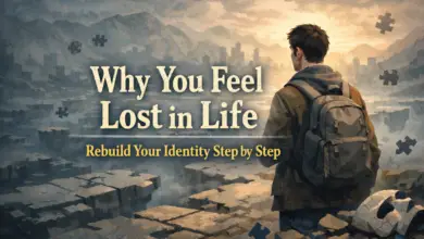 Feeling lost in life illustration showing a person searching direction while rebuilding identity step by step