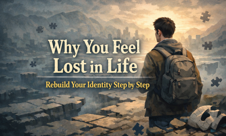 Feeling lost in life illustration showing a person searching direction while rebuilding identity step by step