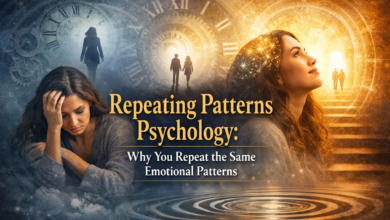 Repeating patterns psychology concept showing emotional loops, behavior patterns, and transformation from stress to clarity