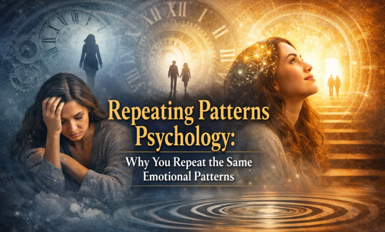 Repeating patterns psychology concept showing emotional loops, behavior patterns, and transformation from stress to clarity