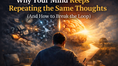 Repetitive thoughts and thought loop illustration showing mind stuck in repeating thinking pattern