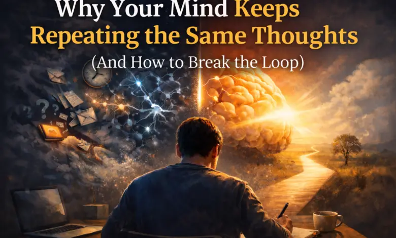 Repetitive thoughts and thought loop illustration showing mind stuck in repeating thinking pattern