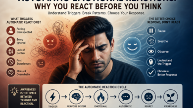 Automatic emotional reactions caused by hidden emotional triggers, showing reacting before thinking, emotional reaction patterns, and awareness before reaction.