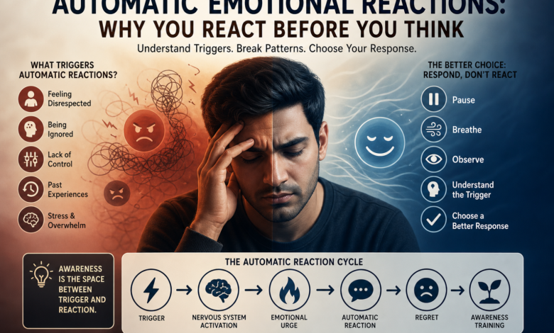 Automatic emotional reactions caused by hidden emotional triggers, showing reacting before thinking, emotional reaction patterns, and awareness before reaction.