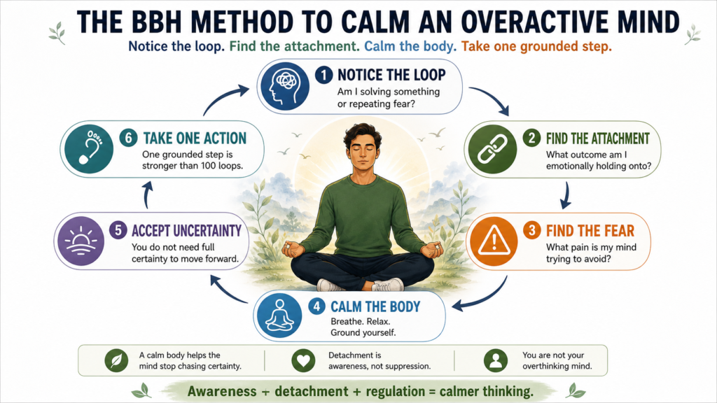 BBH method showing how to detach from thoughts, calm an overactive mind, stop mental loops, and take one grounded action