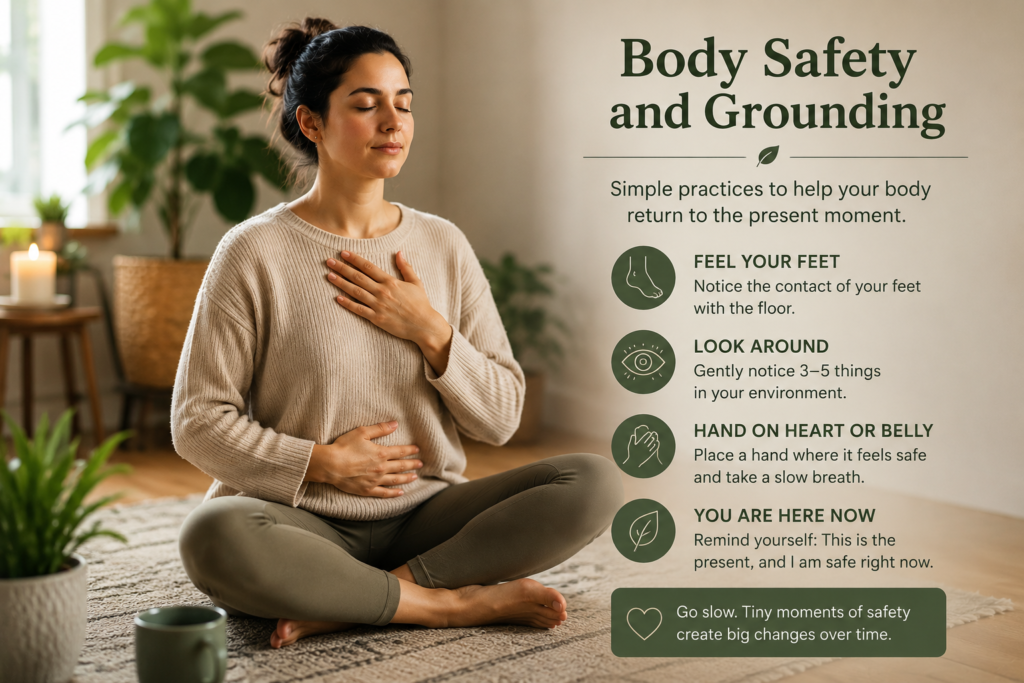 Grounding exercise for trauma recovery and body safety using gentle somatic awareness