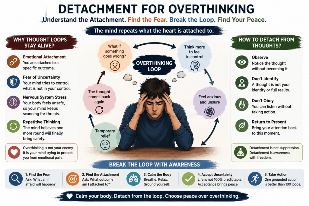 Detachment for overthinking infographic showing how to stop overthinking and calm your mind, how to detach from thoughts, stop mental loops, and calm an overactive mind