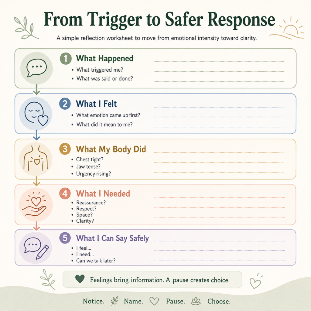 Emotional reaction worksheet with sections for trigger, feelings, body response, hidden needs, and safer words.