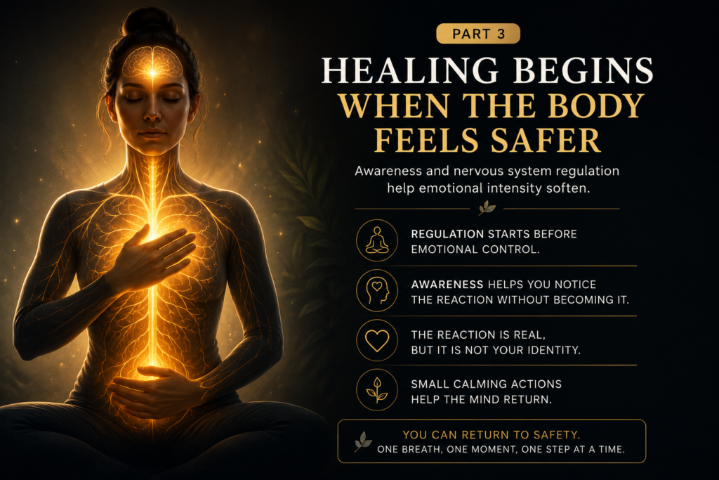A dark healing image showing nervous system regulation, awareness, and a body based emotional response becoming calmer as emotional intensity softens.