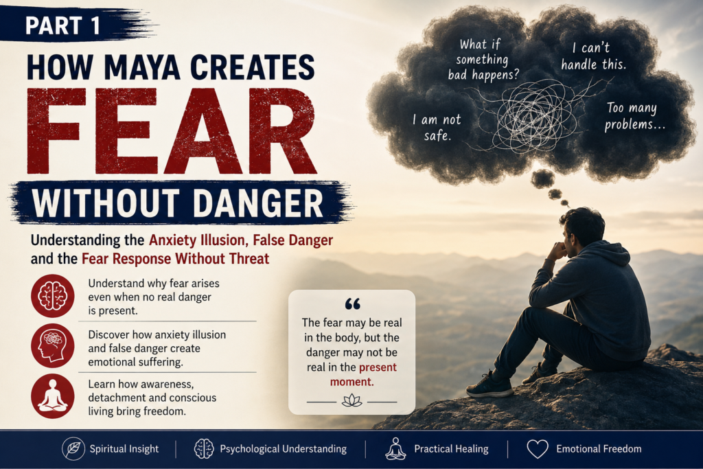 Fear without danger explained through anxiety illusion, false danger anxiety, perceived threat anxiety, Maya, and the fear response without threat.