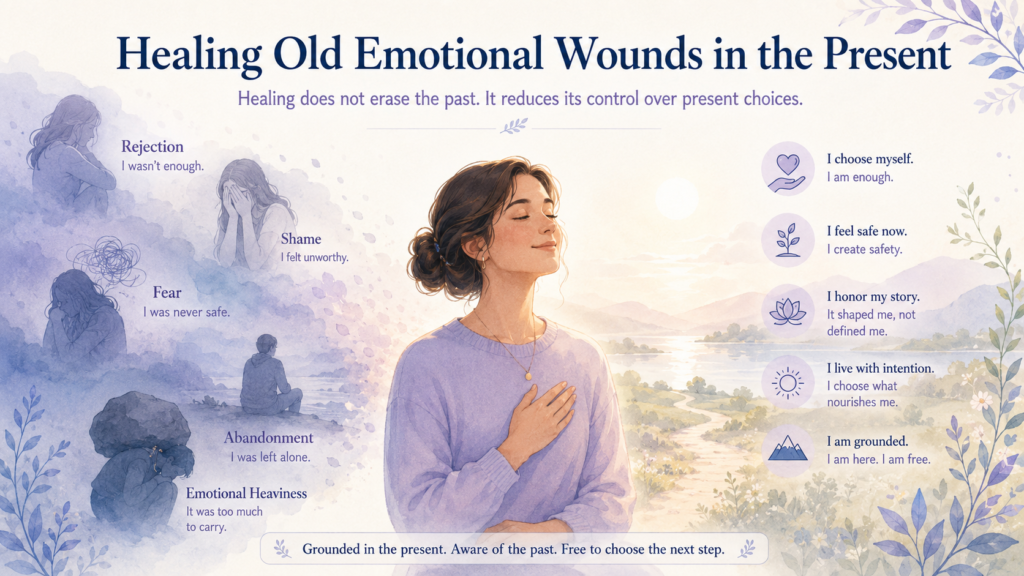 A calm woman acknowledging old emotional wounds while choosing a grounded response in the present