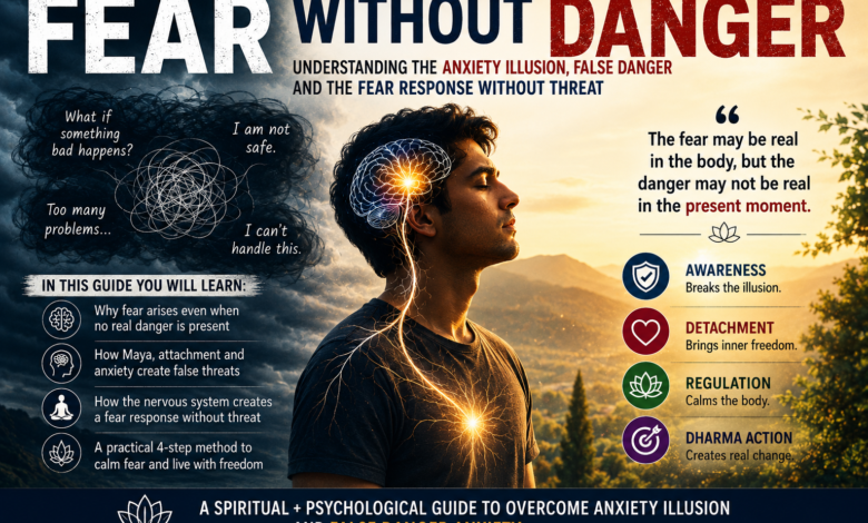 How Maya creates fear without danger through anxiety illusion, false danger anxiety, perceived threat anxiety, and fear response without threat.
