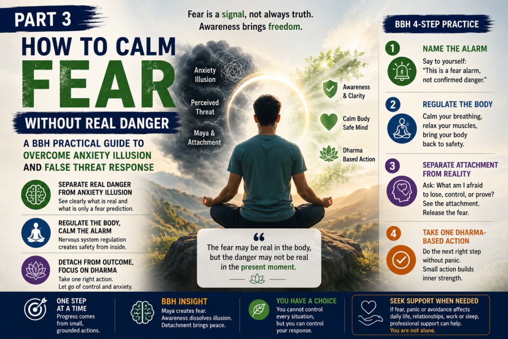 How to calm fear without real danger using nervous system regulation, anxiety illusion awareness, detachment practice, and a BBH 4-step method.