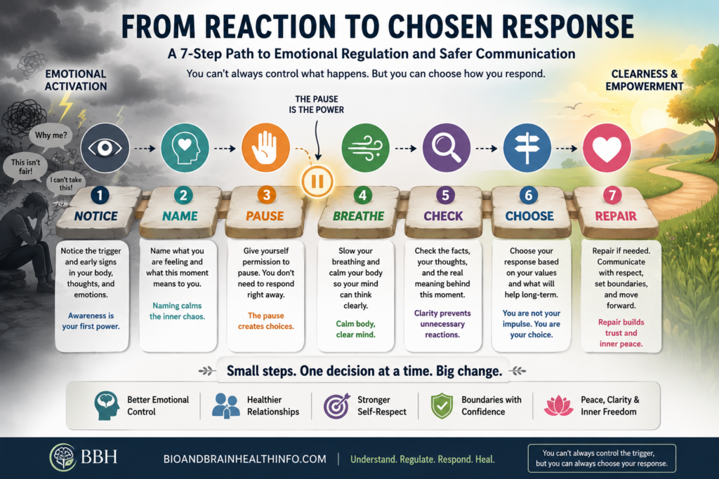 Seven-step emotional regulation path showing how to notice, name, pause, breathe, check, choose, and repair.