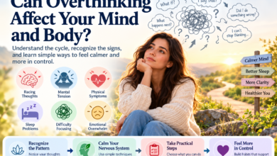 Woman reflecting on repetitive thoughts, anxiety, and mental tension, with illustrated steps for calming the mind and taking practical action.