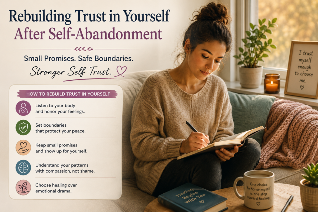 Rebuilding trust in yourself after self-abandonment with small promises, healthy boundaries, and emotional healing.