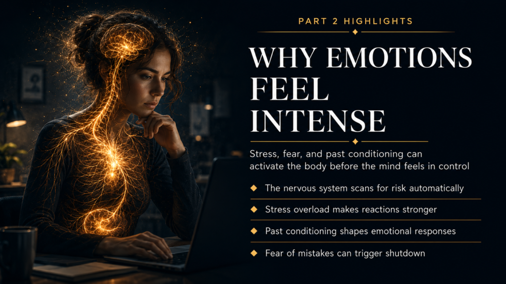 A dark educational image showing nervous system and emotions, explaining why emotions feel intense through stress, fear, and body based emotional response.