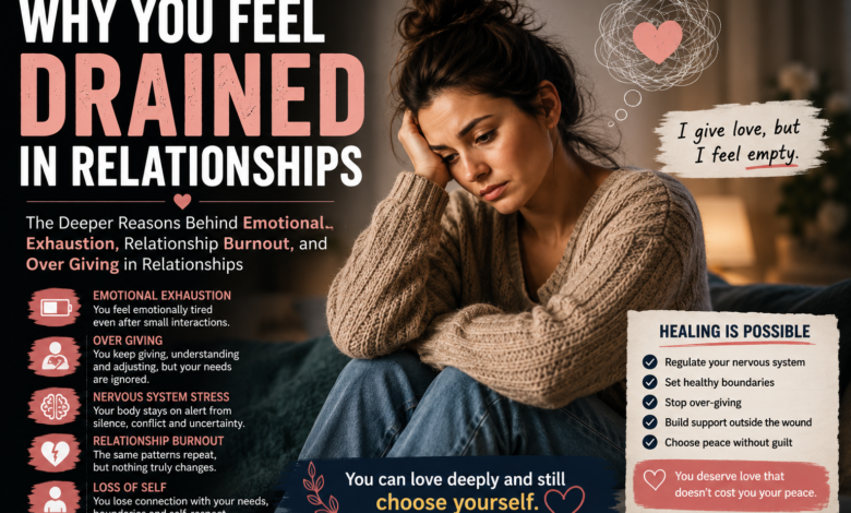 Why you feel drained in relationships from emotional exhaustion, relationship burnout, over giving, nervous system stress, and loss of self.