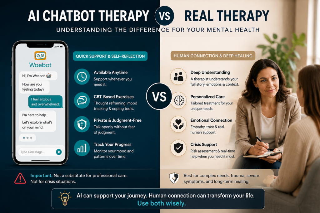 AI chatbot therapy vs real therapy showing Woebot review, CBT chatbot benefits, mental health chatbot limits, and human support