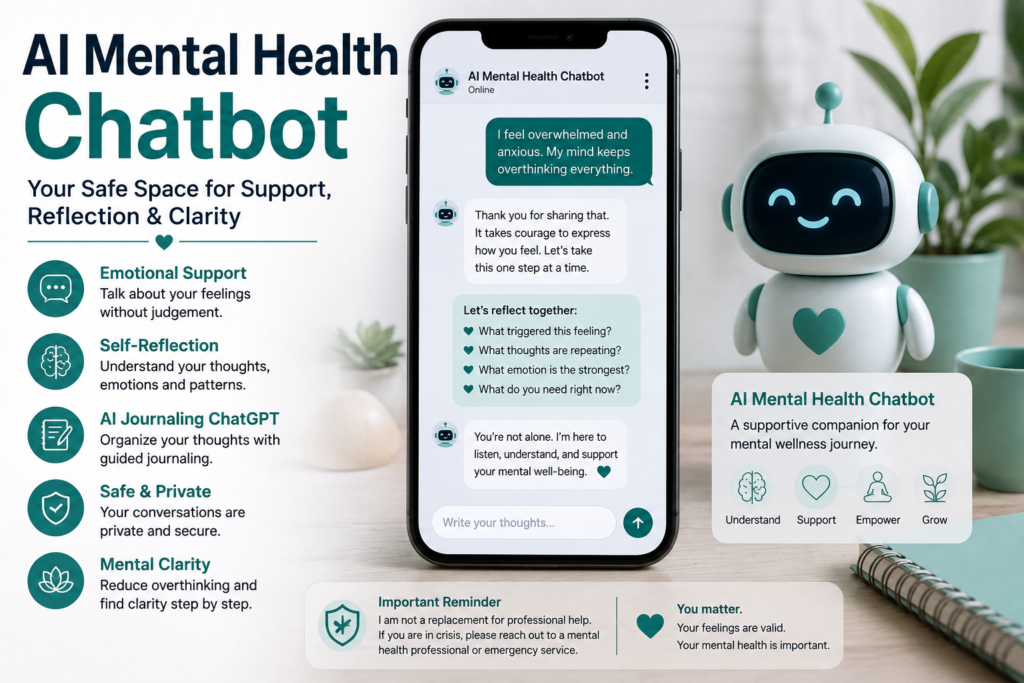 AI mental health chatbot offering emotional support, self-reflection, AI journaling ChatGPT guidance, and safe mental health boundaries