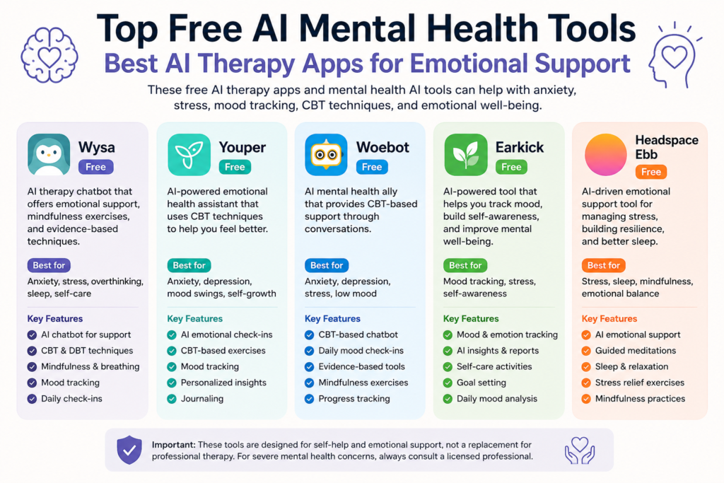 Best free AI therapy apps and mental health AI tools compared for anxiety support, CBT reflection, mood tracking, journaling, and emotional support