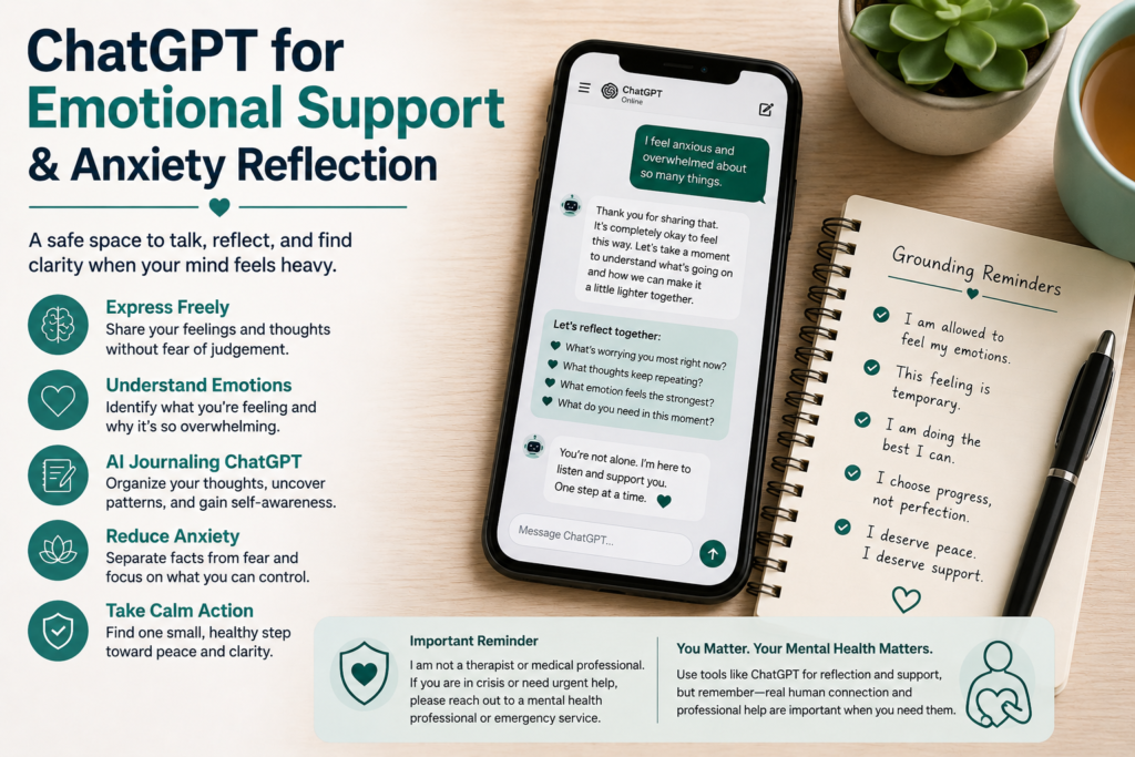 ChatGPT anxiety support helping with emotional reflection, overthinking, safe AI mental health chatbot use, and mental clarity