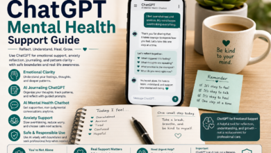 ChatGPT mental health support guide showing AI journaling ChatGPT, AI mental health chatbot, emotional support, and anxiety reflection