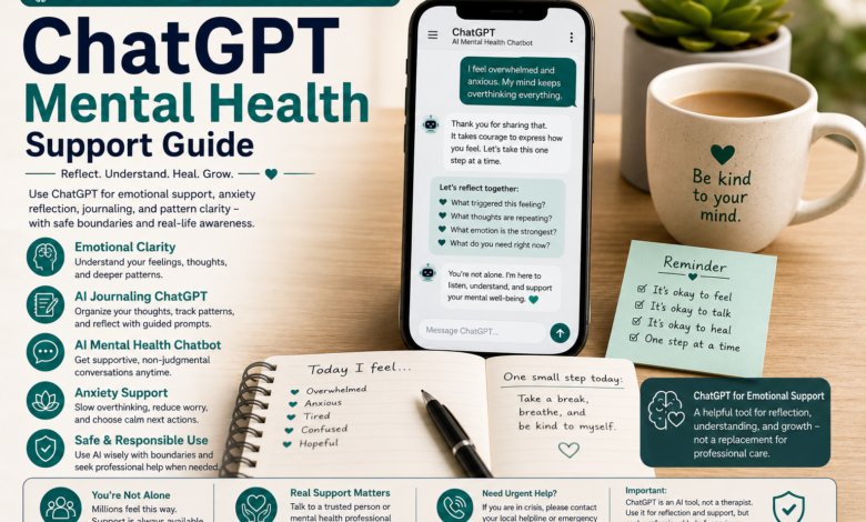 ChatGPT mental health support guide showing AI journaling ChatGPT, AI mental health chatbot, emotional support, and anxiety reflection