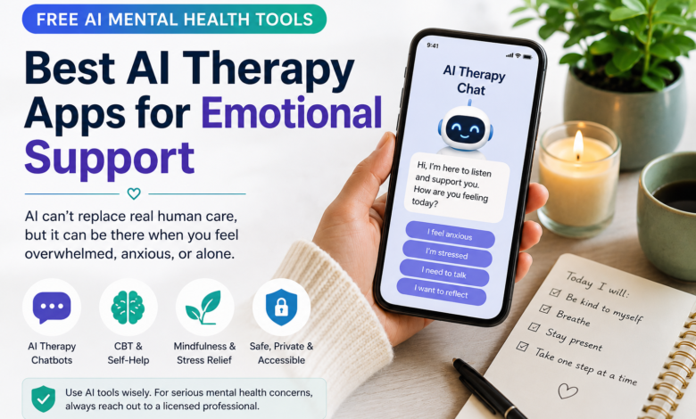 Free AI mental health tools and best AI therapy apps for emotional support, anxiety help, CBT self-help, journaling, and safe reflection