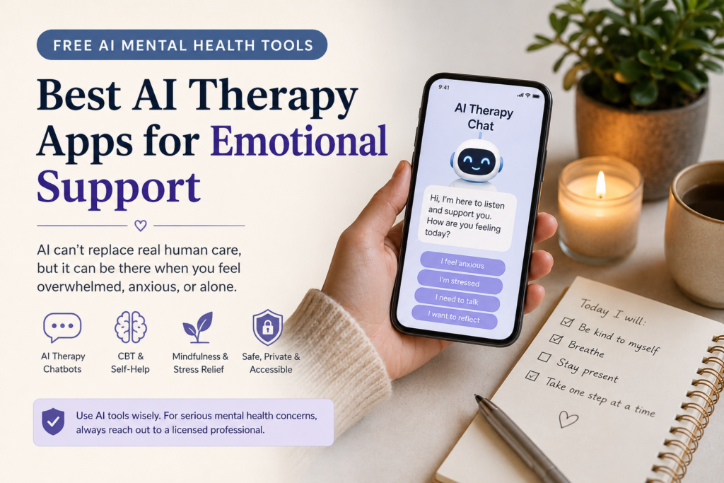 Free AI mental health tools for emotional support, AI therapy chatbot guidance, anxiety help, CBT self-help, and safe reflection