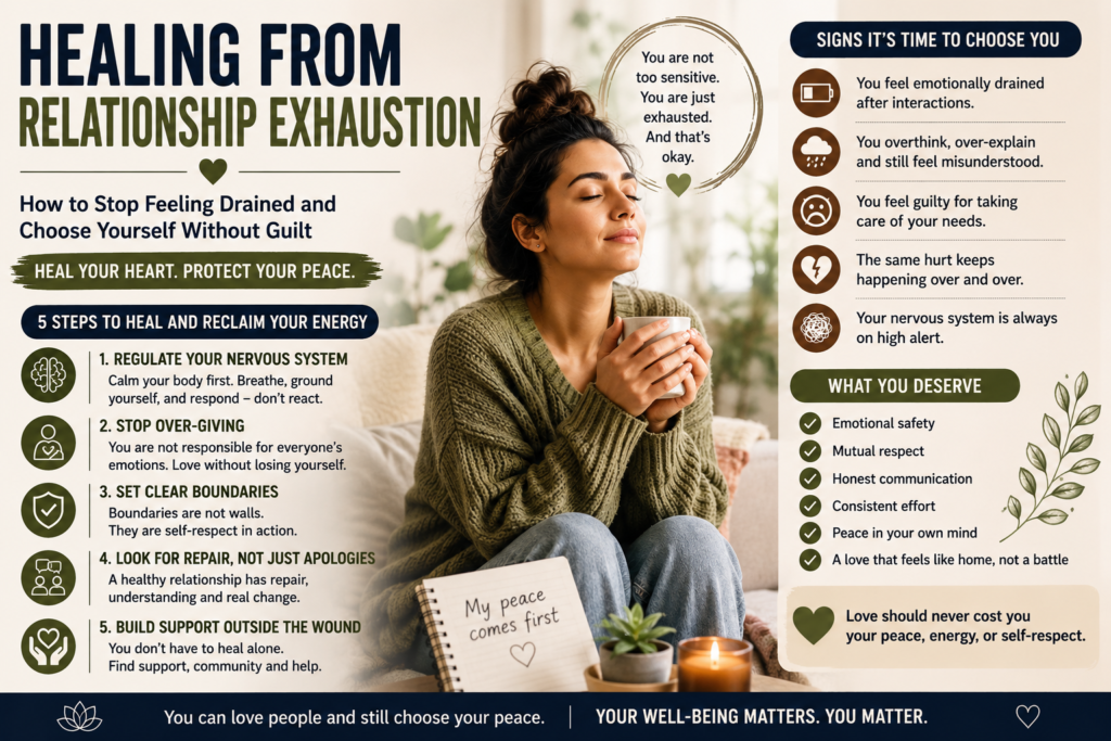 Healing from relationship exhaustion with nervous system regulation, boundaries, emotional safety, and self-care without guilt.