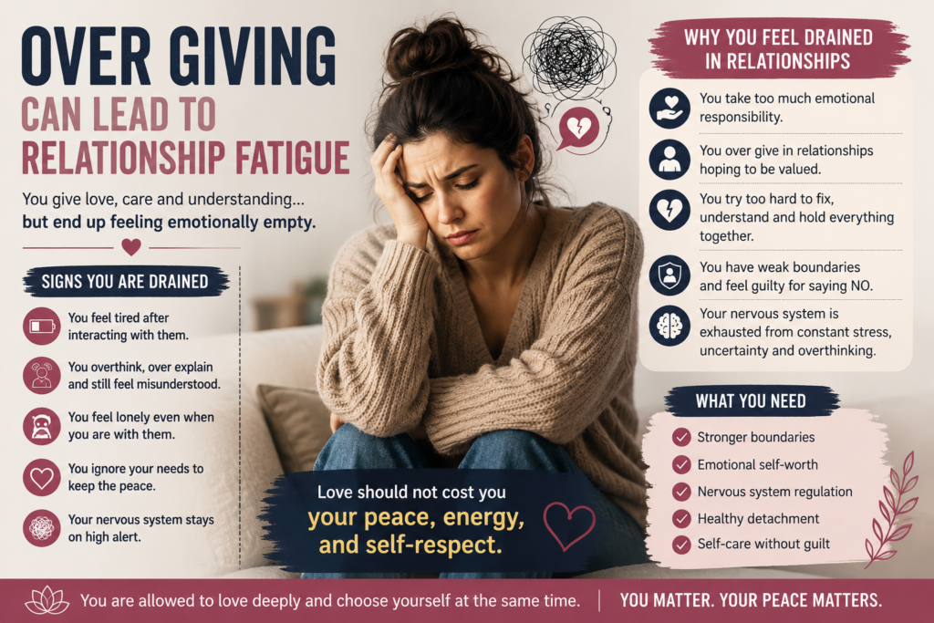 Over giving in relationships can cause relationship fatigue, emotional exhaustion, weak boundaries, and nervous system stress.