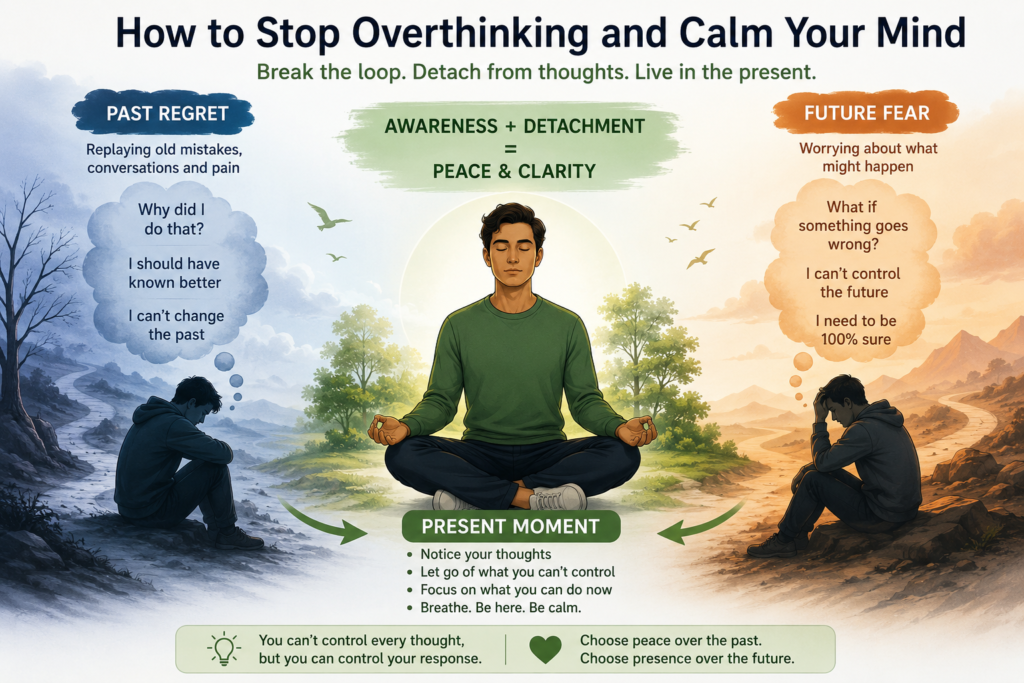How to stop overthinking and calm your mind through detachment for overthinking, how to detach from thoughts, stop mental loops, and calm an overactive mind