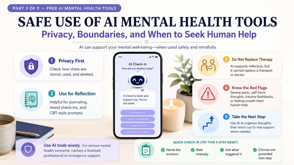 Safe use of AI mental health tools with privacy awareness, AI therapy chatbot boundaries, anxiety support, CBT check-ins, and human help