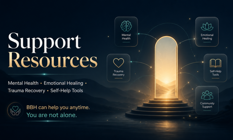 Support resources for mental health support resources, emotional healing resources, trauma recovery support, and self-help tools