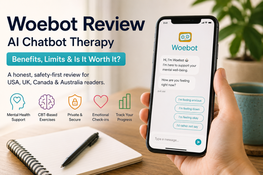 Woebot review image showing AI chatbot therapy, CBT chatbot support, mental health chatbot features, and emotional check-ins