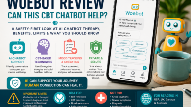 Woebot review image showing CBT chatbot support, AI chatbot therapy benefits, mental health chatbot limits, and safe human care