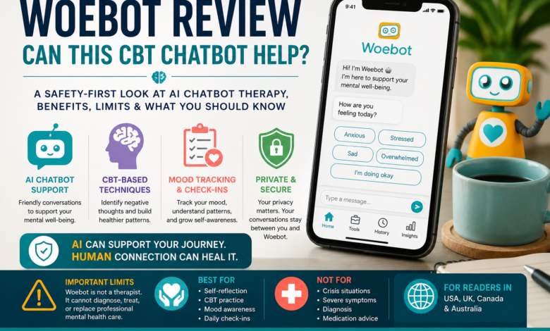 Woebot review image showing CBT chatbot support, AI chatbot therapy benefits, mental health chatbot limits, and safe human care
