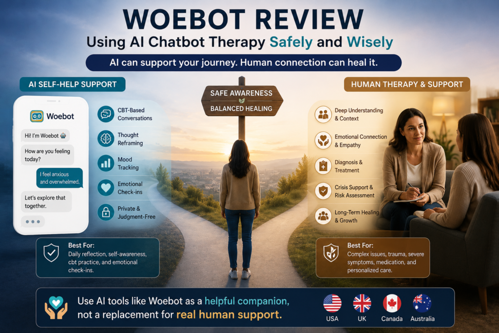 Woebot review image showing safe use of a mental health chatbot, AI chatbot therapy limits, CBT chatbot support, and human therapy