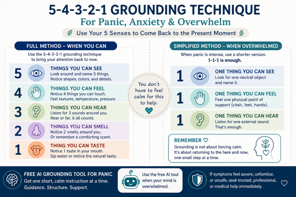 5-4-3-2-1 grounding technique with a simplified 1-1-1 method for panic and anxiety