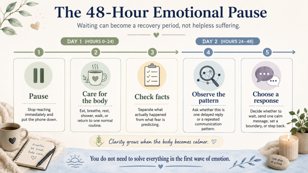 Two-day timeline for pausing, caring for the body, checking facts, observing patterns, and choosing a response